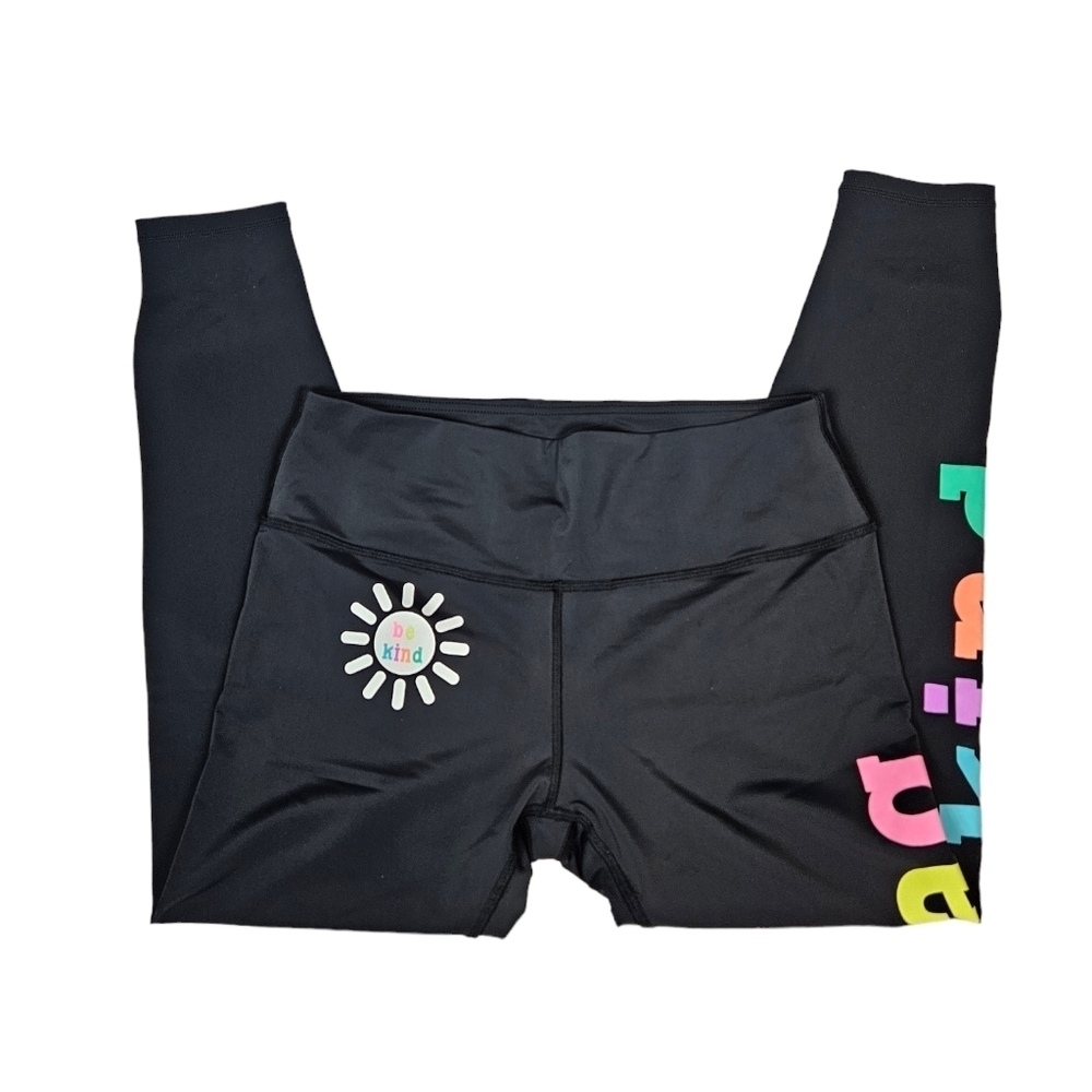 Be Kind Black & Pastel Rainbow Stretch Fitness Leggings Size XL Women's S32‎